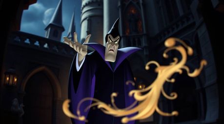 A captivating image of a classic Disney villain casting a spell within the aged walls of an old castle. The scene is rendere