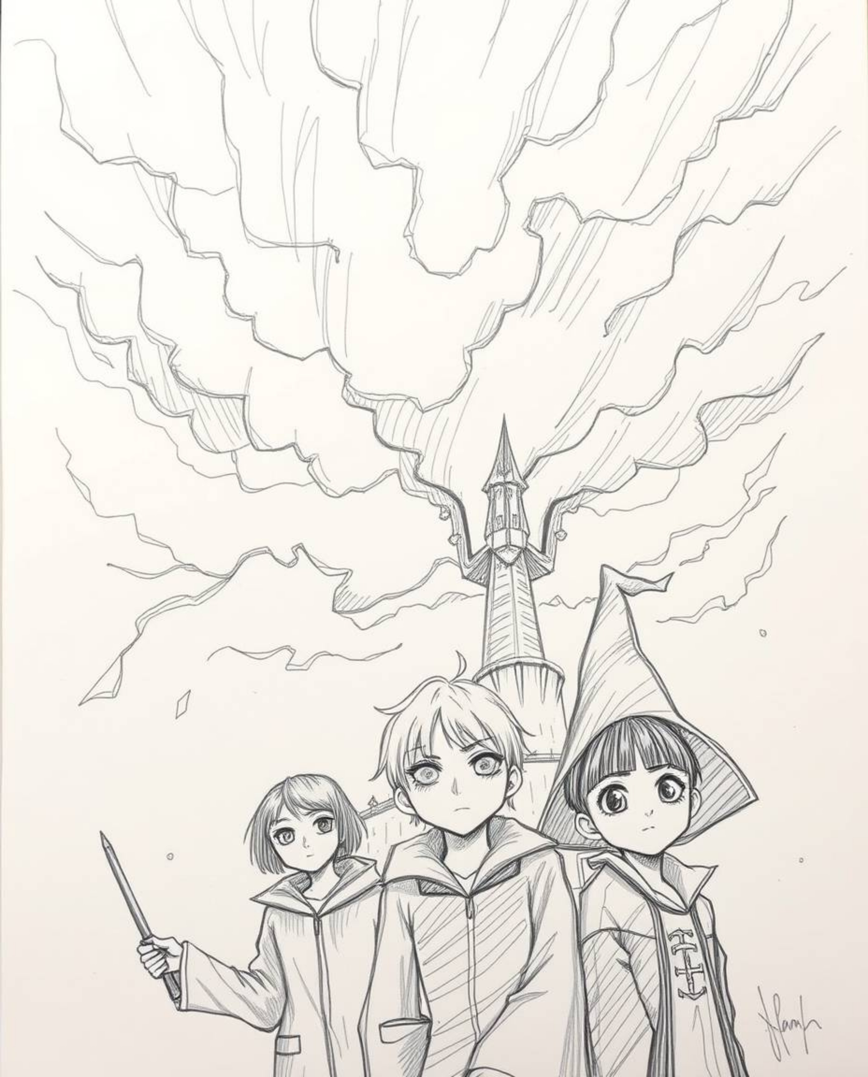 This captivating hand-drawn sketch depicts a magical school brimming with young wizards amidst an intense and dramatic weathe
