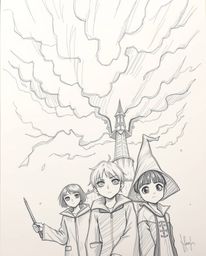 This captivating hand-drawn sketch depicts a magical school brimming with young wizards amidst an intense and dramatic weathe