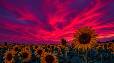 Immerse yourself in a captivating sunflower field bathed in the intense, dramatic light of a deep red and purple sky. This hi