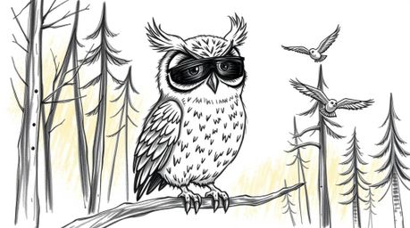 A heartwarming hand-drawn sketch in the style of Pixar depicts a kind, anthropomorphic blind owl teaching birds to fly.  Set 