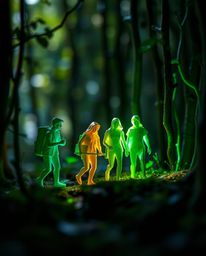 Discover a breathtaking extreme macro close-up showcasing a group of friends exploring a vibrant forest. Their miniature form