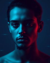 A captivating digital glitch art portrait showcasing bioluminescent colors and a corrupted data aesthetic.  The pixelated sty
