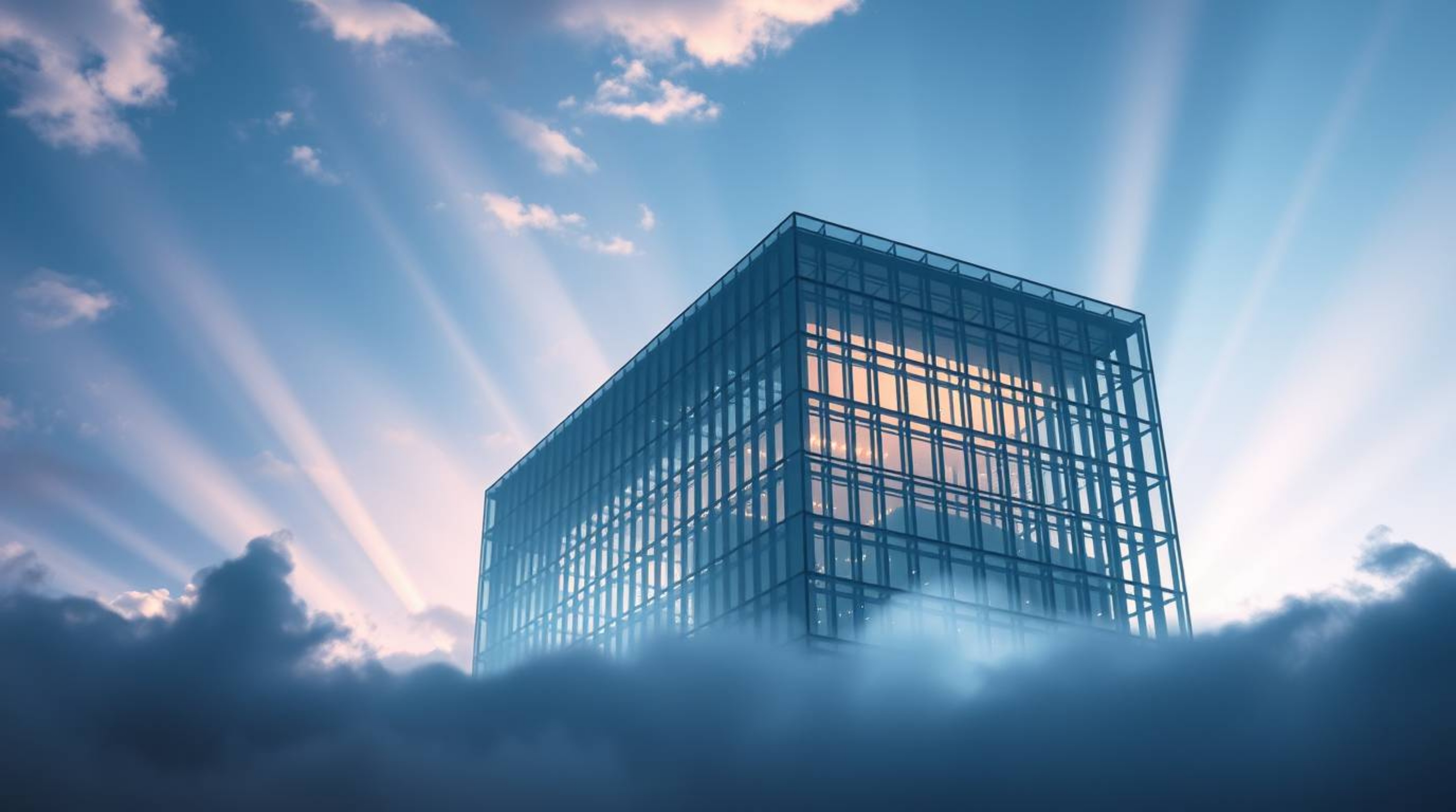 A modern glass building seamlessly dissolves into a sky filled with soft clouds, creating an ethereal and spiritual ambiance.