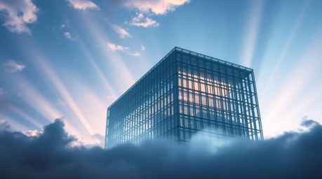 A modern glass building seamlessly dissolves into a sky filled with soft clouds, creating an ethereal and spiritual ambiance.