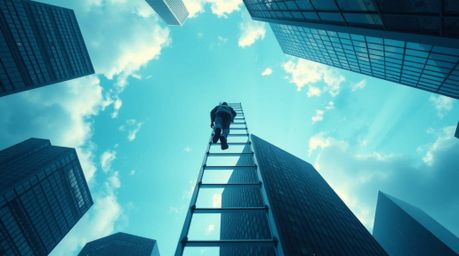 Explore an abstract concept of success depicted through a high-angle perspective. A businessperson ascends a transparent ladd