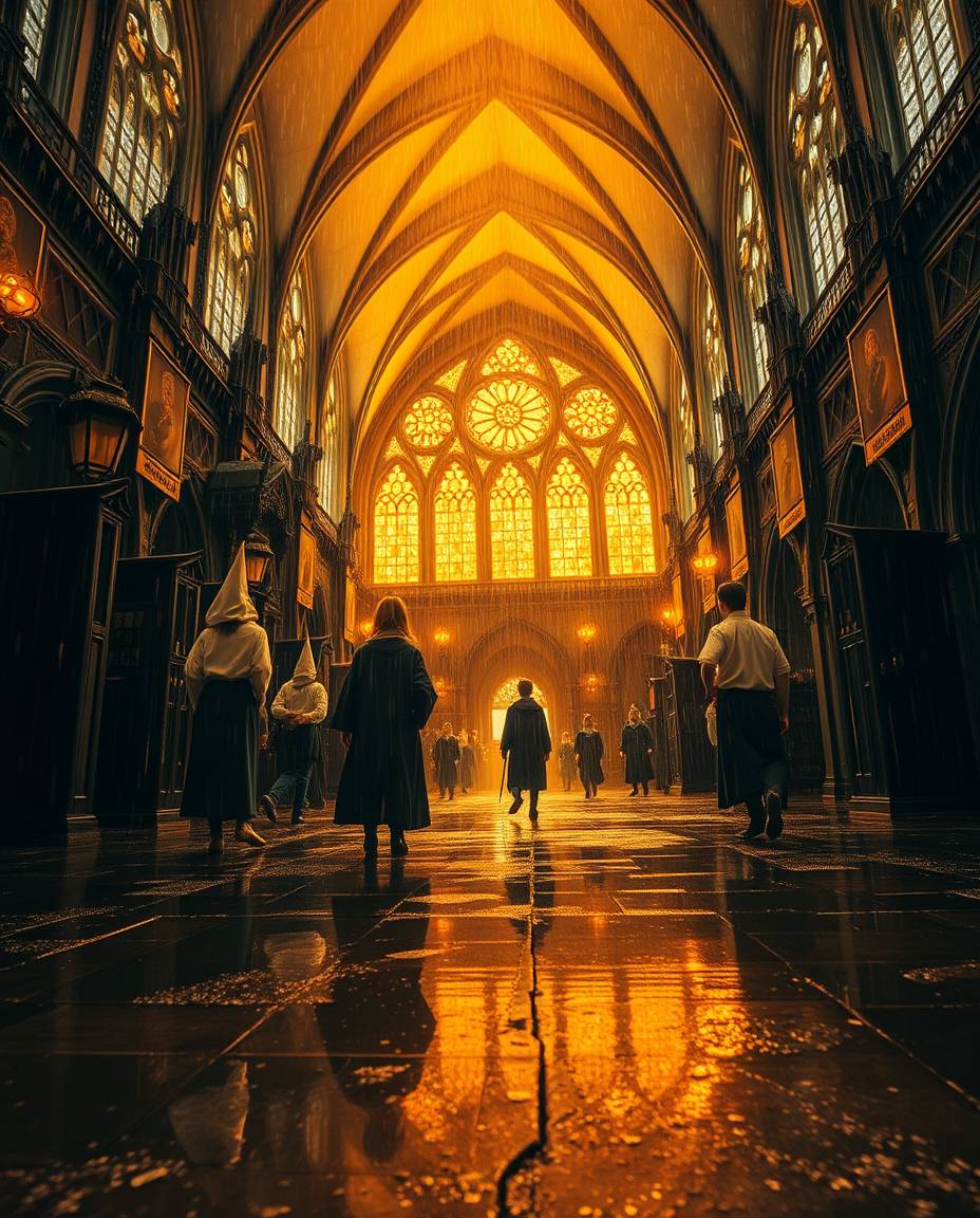 Experience a captivating low-angle perspective of a magical school teeming with young wizards on a rainy day. Warm, radiant g