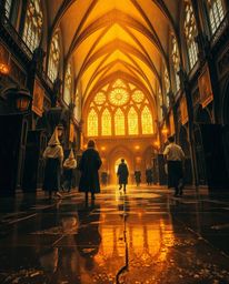 Experience a captivating low-angle perspective of a magical school teeming with young wizards on a rainy day. Warm, radiant g