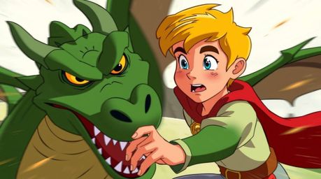 A captivating illustration in the style of 1950s animation depicts a charming prince, rosy-cheeked and blonde-haired, locked 
