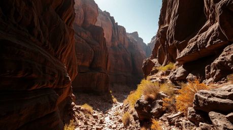 Experience the dramatic beauty of a rocky canyon bathed in warm autumnal light.  This stunning landscape features striking ch