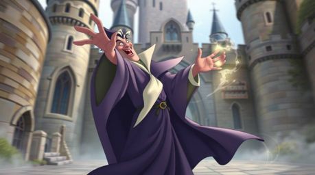 A captivating digital painting of a classic Disney villain, elegantly draped in flowing robes, dynamically casting a spell wi