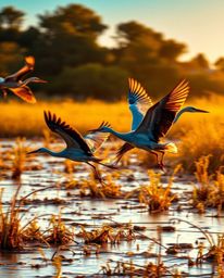 A dynamic and vibrant image of herons flying during golden hour in the wetlands. This captivating shot is rendered in electri