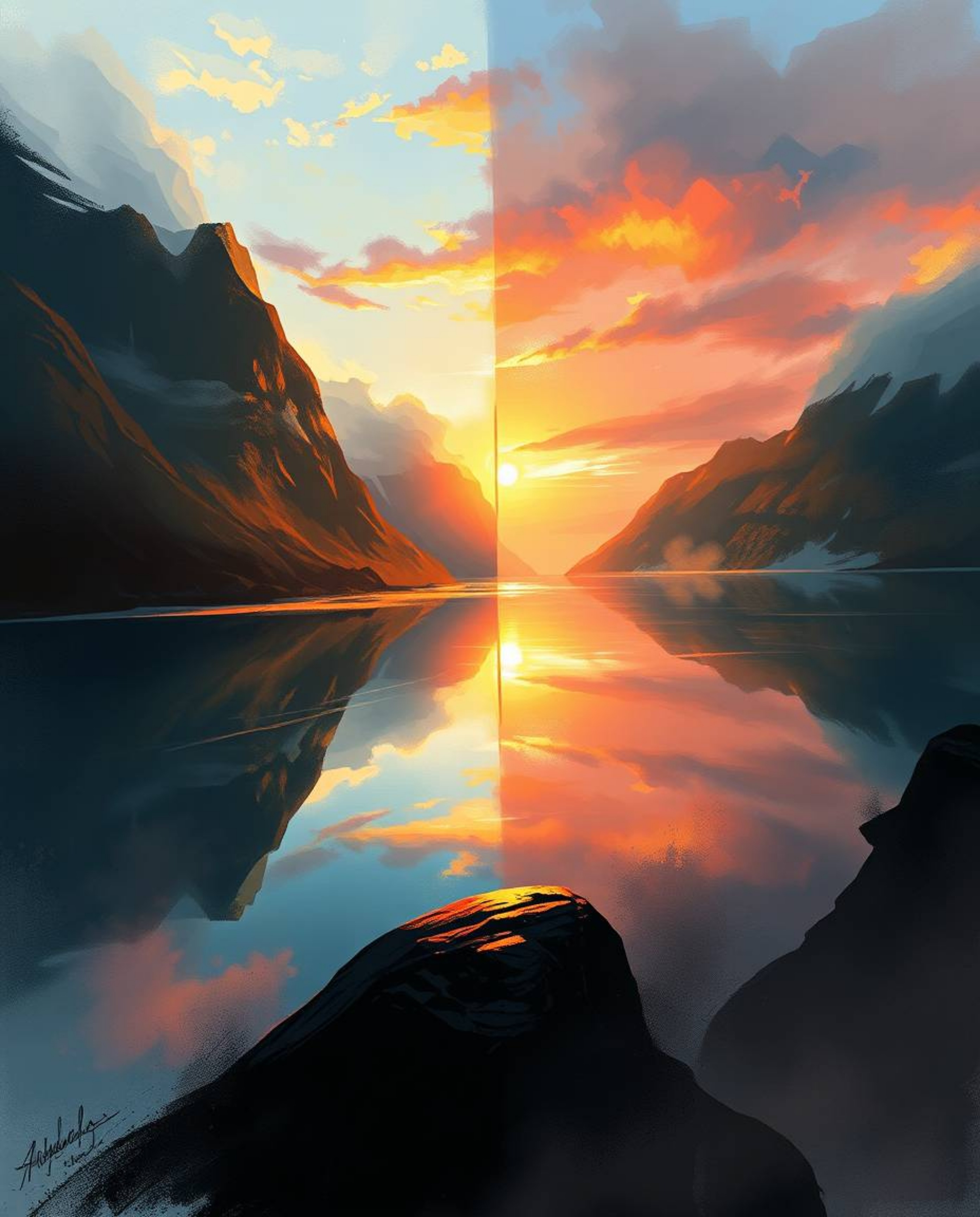 A dynamic digital sketch depicting a split, contrasting view of a glassy fjord reflecting a sunset. This artwork utilizes loo