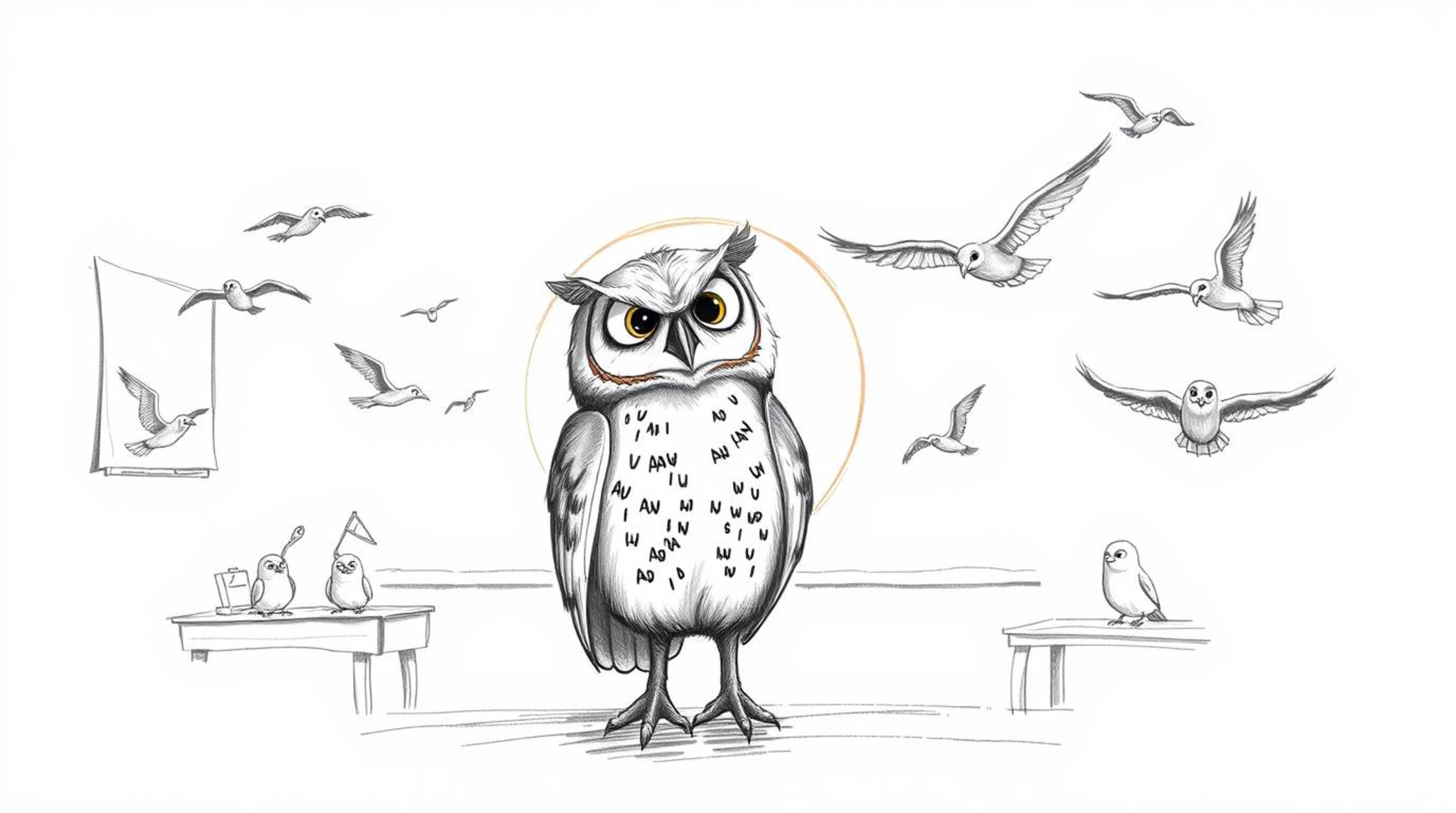 A heartwarming hand-drawn illustration in the style of Pixar depicts a serene blind owl leading a class of flying birds in a 