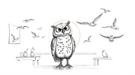 A heartwarming hand-drawn illustration in the style of Pixar depicts a serene blind owl leading a class of flying birds in a 