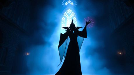 A silhouetted figure, imbued with iridescent colors and an ethereal vibe, depicts a classic Disney villain casting a powerful