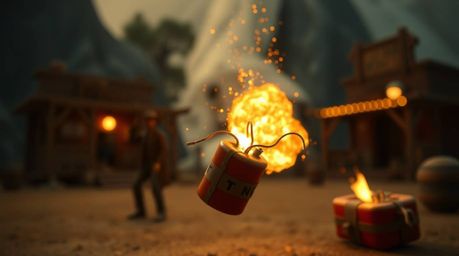 A dreamlike and surreal image of a classic exploding TNT gag in the wild west, featuring a blurred bokeh effect, gentle soft 