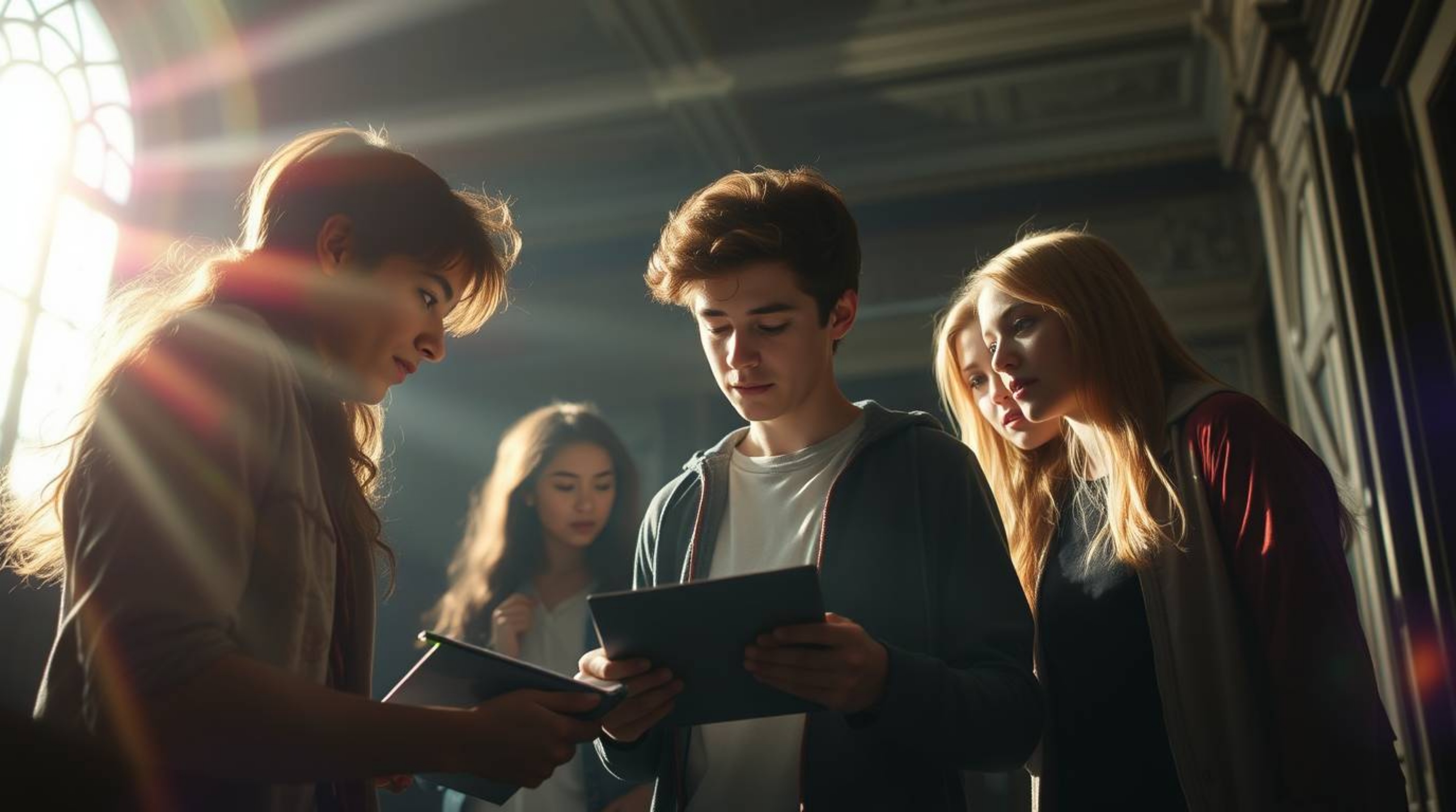 A photograph depicting a group of teens deeply engrossed in solving mysteries within a haunted mansion, enhanced by a bright 