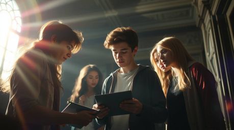 A photograph depicting a group of teens deeply engrossed in solving mysteries within a haunted mansion, enhanced by a bright 
