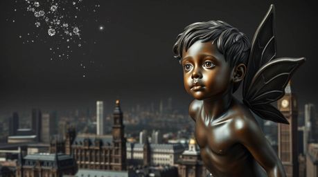 A captivating image featuring a young boy with delicate features and fair skin, soaring above a detailed London cityscape on 