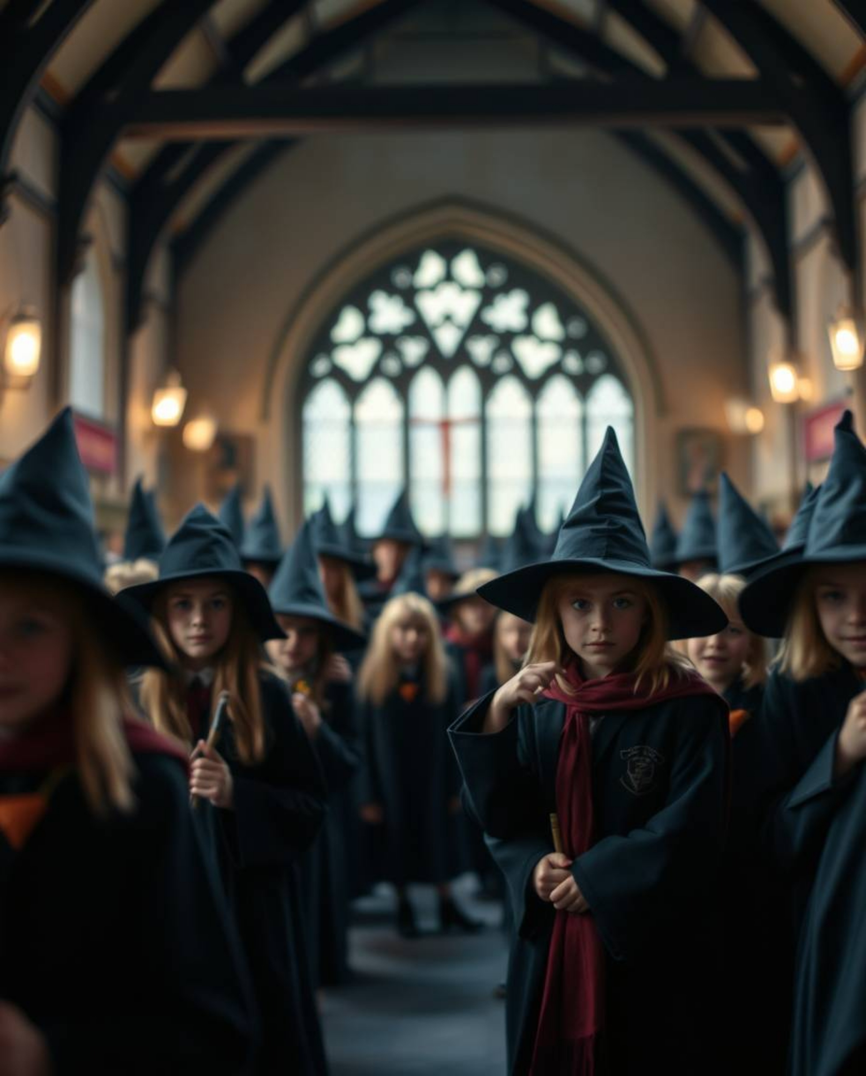 Immerse yourself in a magical school teeming with young wizards, captured with a striking foreground focus and a dreamy, blur