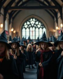 Immerse yourself in a magical school teeming with young wizards, captured with a striking foreground focus and a dreamy, blur