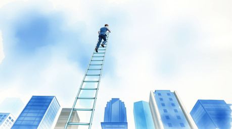 A delicate watercolor painting depicts a businessperson climbing a transparent ladder that seemingly vanishes into a vibrant 