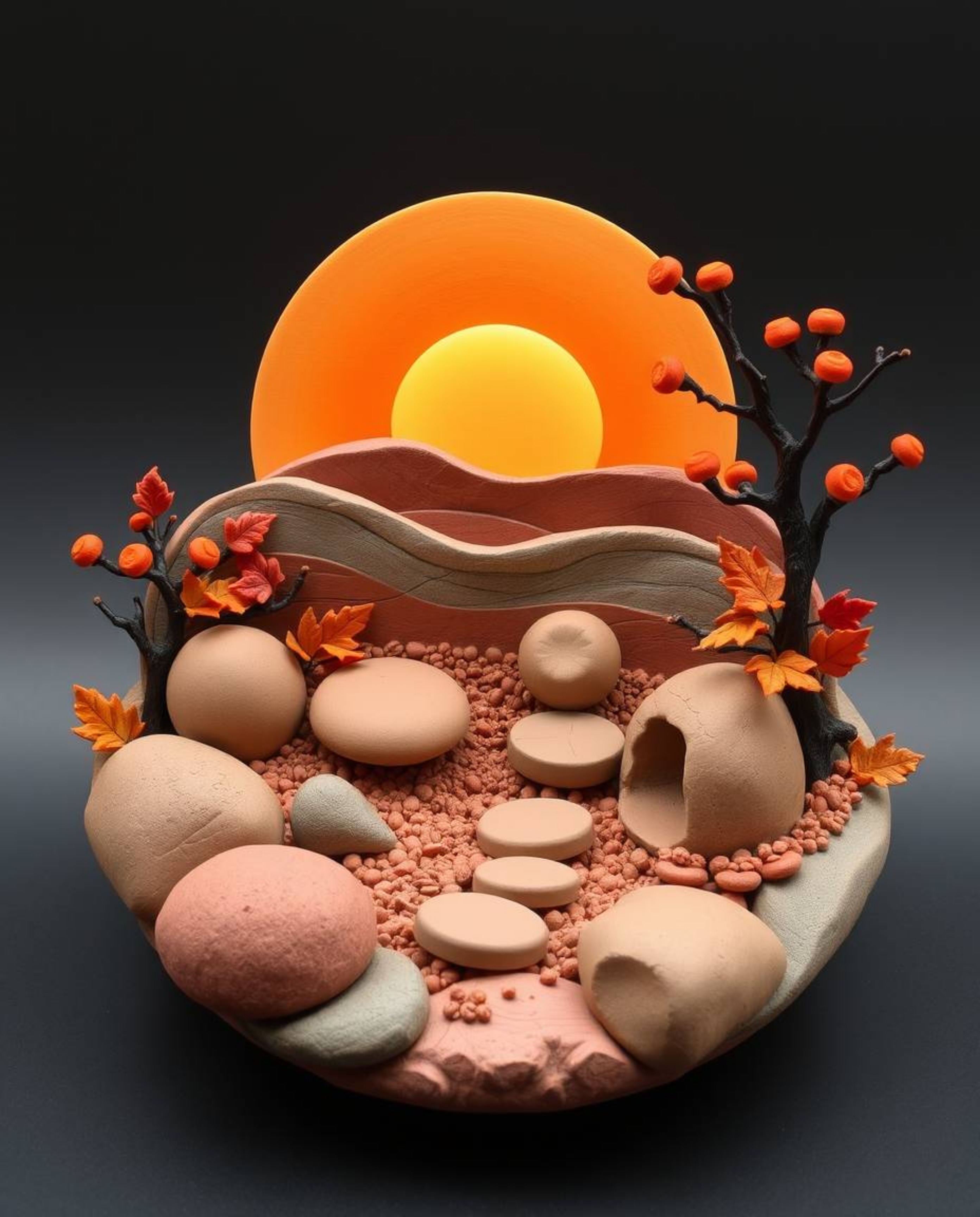 Sculptural clay art depicting a sunset over a serene Zen garden in warm autumn colors, showcasing earthy and cozy modeled sha