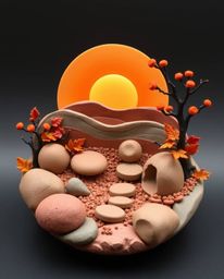 Sculptural clay art depicting a sunset over a serene Zen garden in warm autumn colors, showcasing earthy and cozy modeled sha