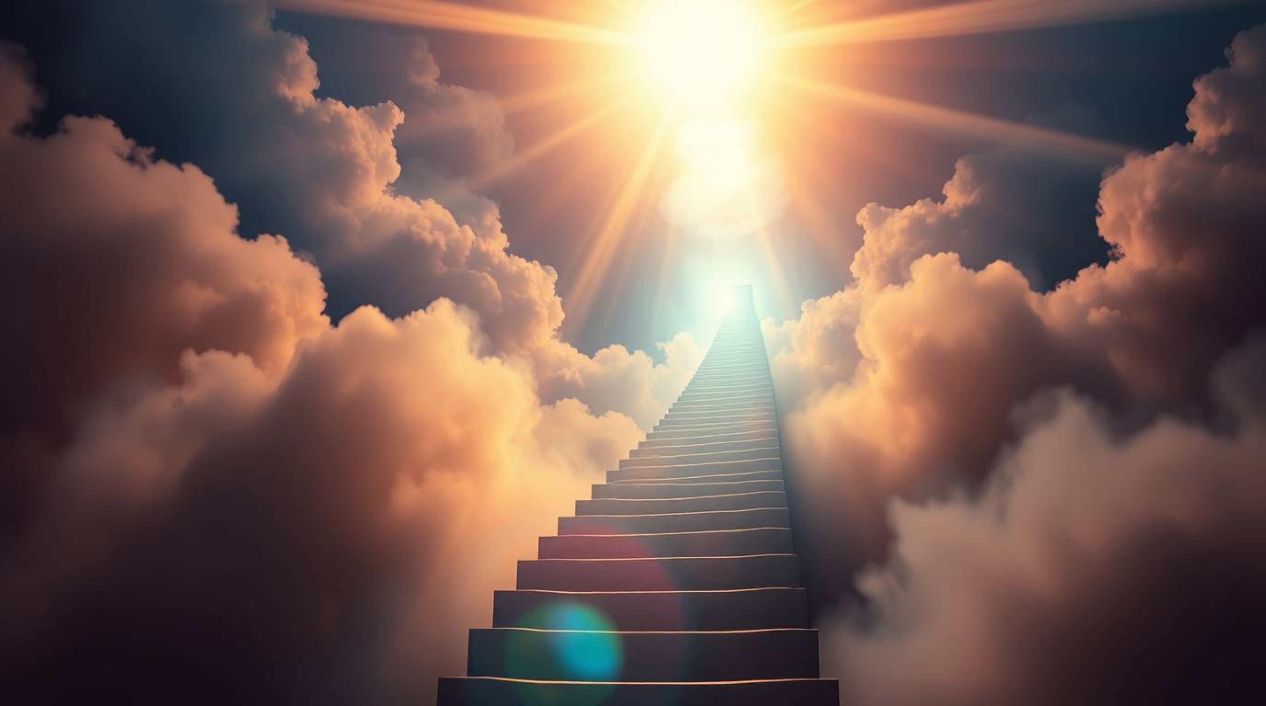 A captivating image depicting a surreal stairway winding through smoky clouds towards a bright celestial light.  This dramati