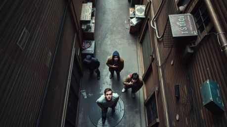 A captivating bird's eye view captures the raw energy of rebellious teens in a grungy city alley. This image showcases a uniq