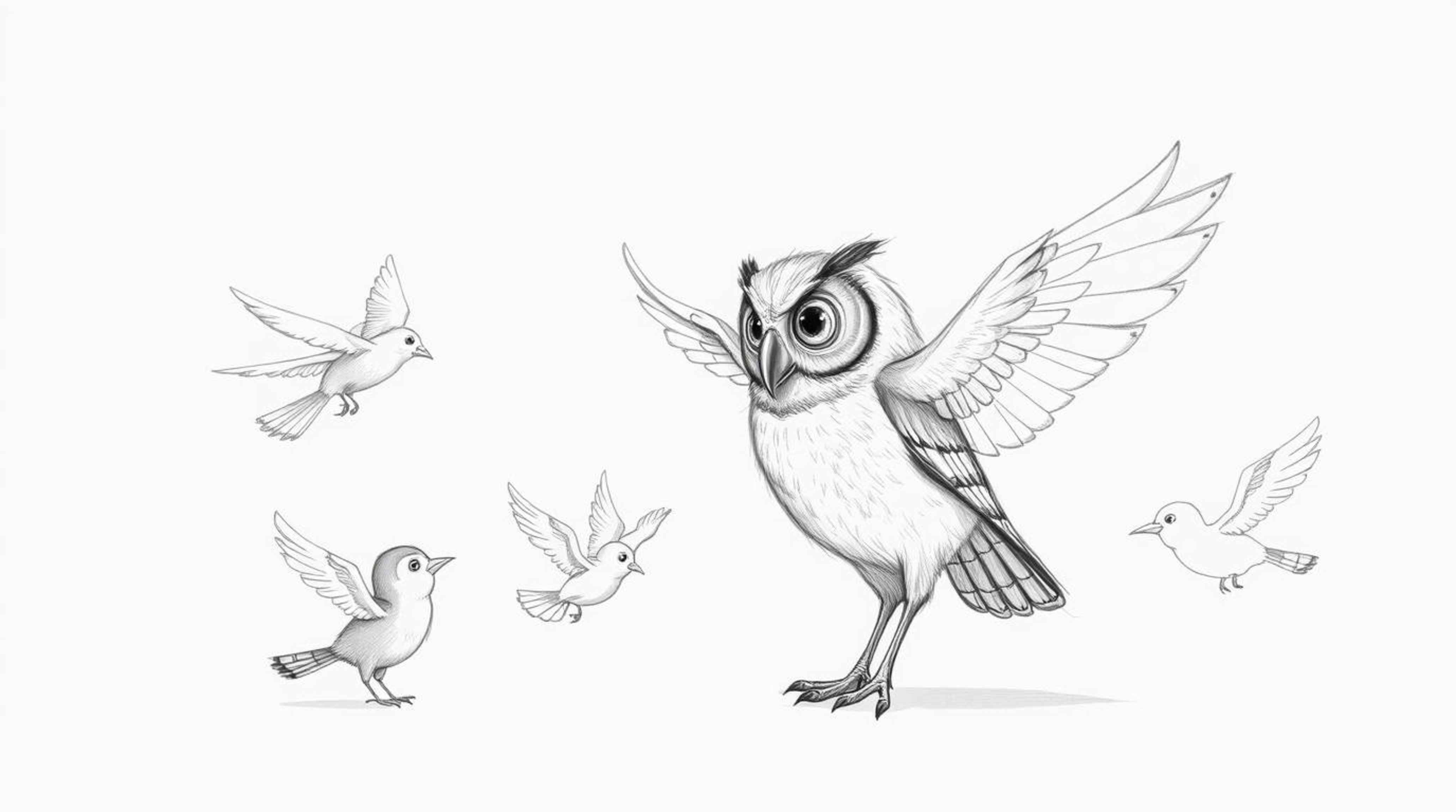 A heartwarming Pixar-style sketch depicts a serene, blind owl patiently guiding birds to learn to fly. The birds, full of ent