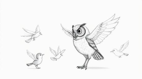 A heartwarming Pixar-style sketch depicts a serene, blind owl patiently guiding birds to learn to fly. The birds, full of ent