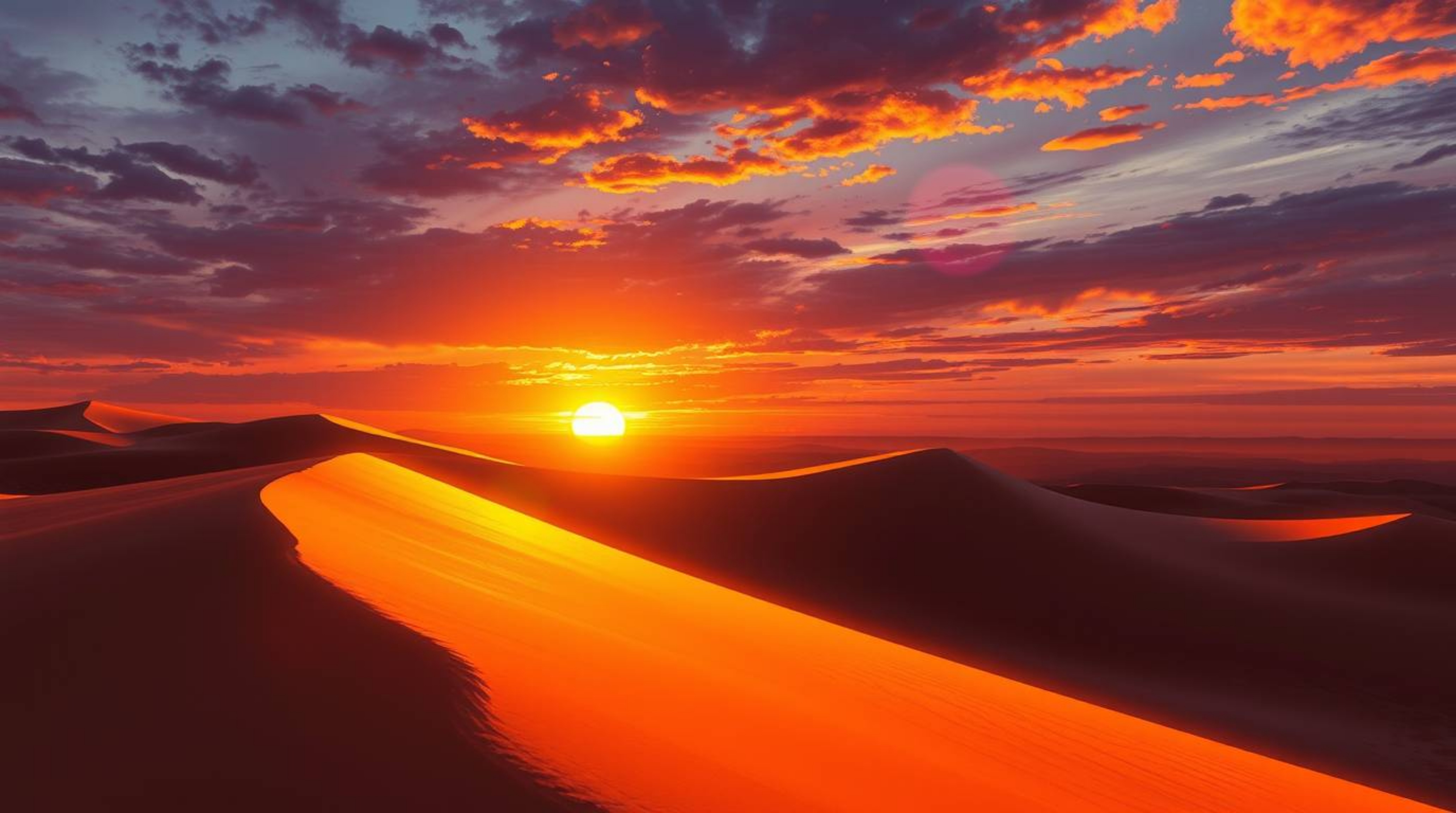 A captivating digital painting showcases a vibrant sunset at the edge of a desert, featuring golden dunes bathed in the warm 