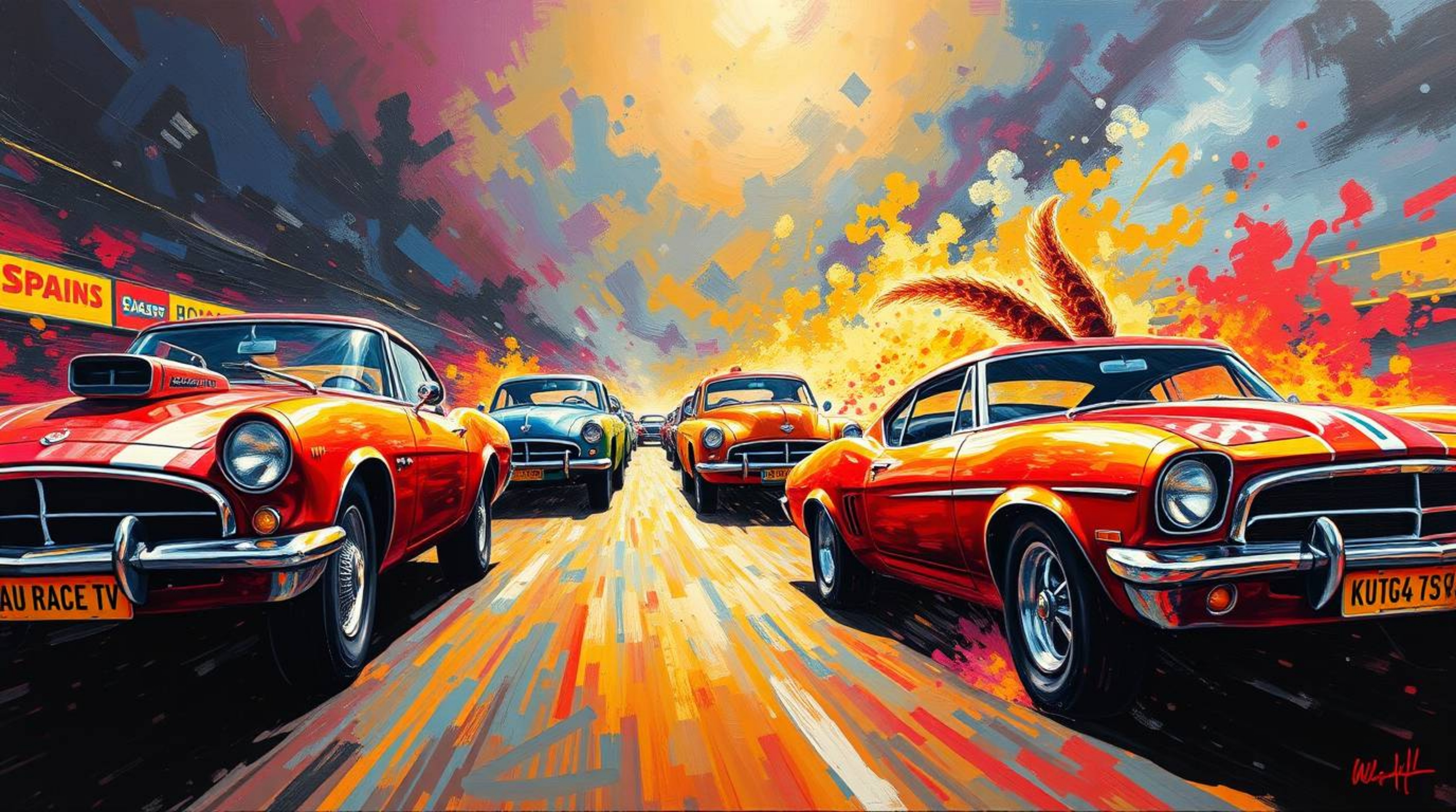 Experience a dramatic and cinematic acrylic painting depicting a wacky racing scene with outlandish cars. This artwork featur
