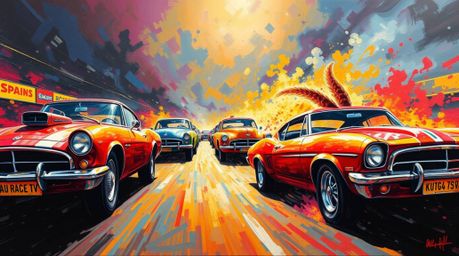 Experience a dramatic and cinematic acrylic painting depicting a wacky racing scene with outlandish cars. This artwork featur