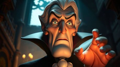 A captivating close-up reveals a classic Disney villain with meticulously detailed features, their pale skin illuminated by g