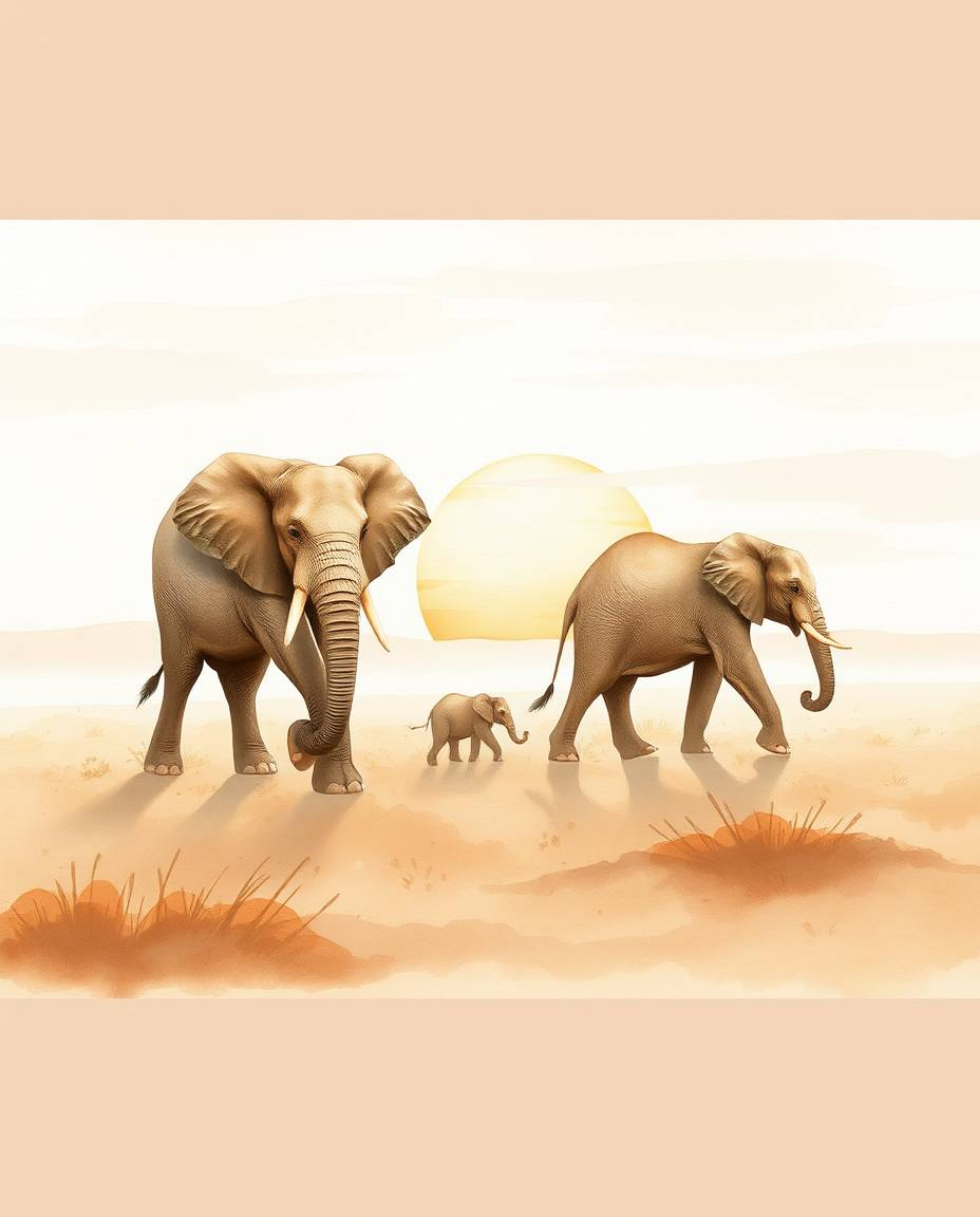 A delicate watercolor painting of elephants walking across a sunset field. The artwork features natural earth tones, includin