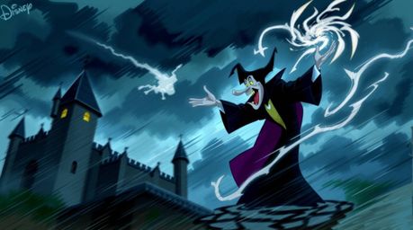 A classic Disney villain unleashes a spell within the dramatic setting of an ancient castle, amidst a tempestuous storm. Ren