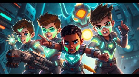 Discover a captivating image of three superpowered children with vibrant bioluminescent features battling a futuristic robot 