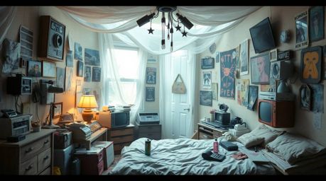 A layered papier-mâché artwork depicting an ethereal and spiritual scene of a messy bedroom filled with peculiar gadgets and 