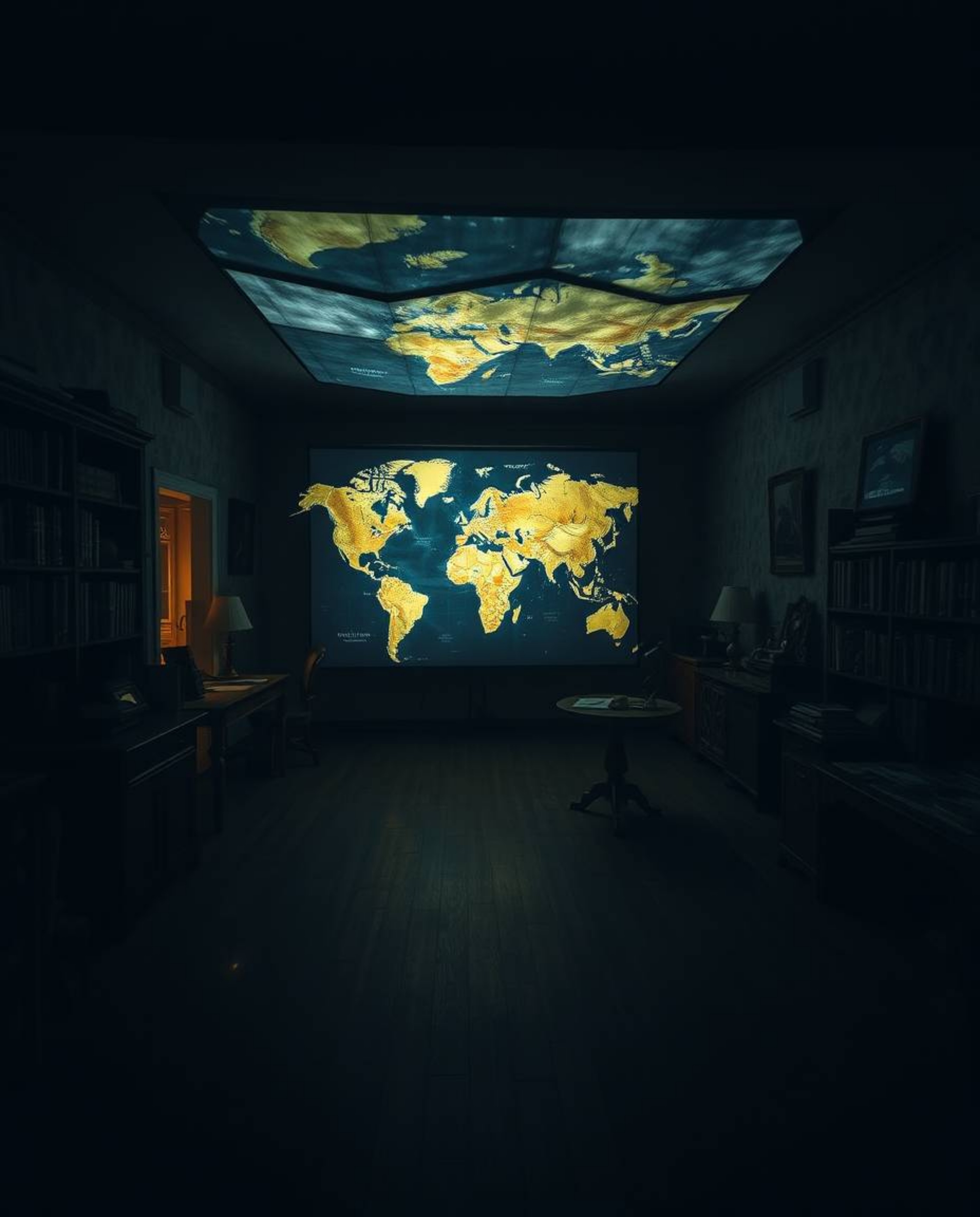 A captivating image showcasing a glowing map projected onto a wall within an old study. The high-contrast, low-key lighting d