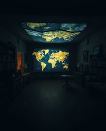 A captivating image showcasing a glowing map projected onto a wall within an old study. The high-contrast, low-key lighting d