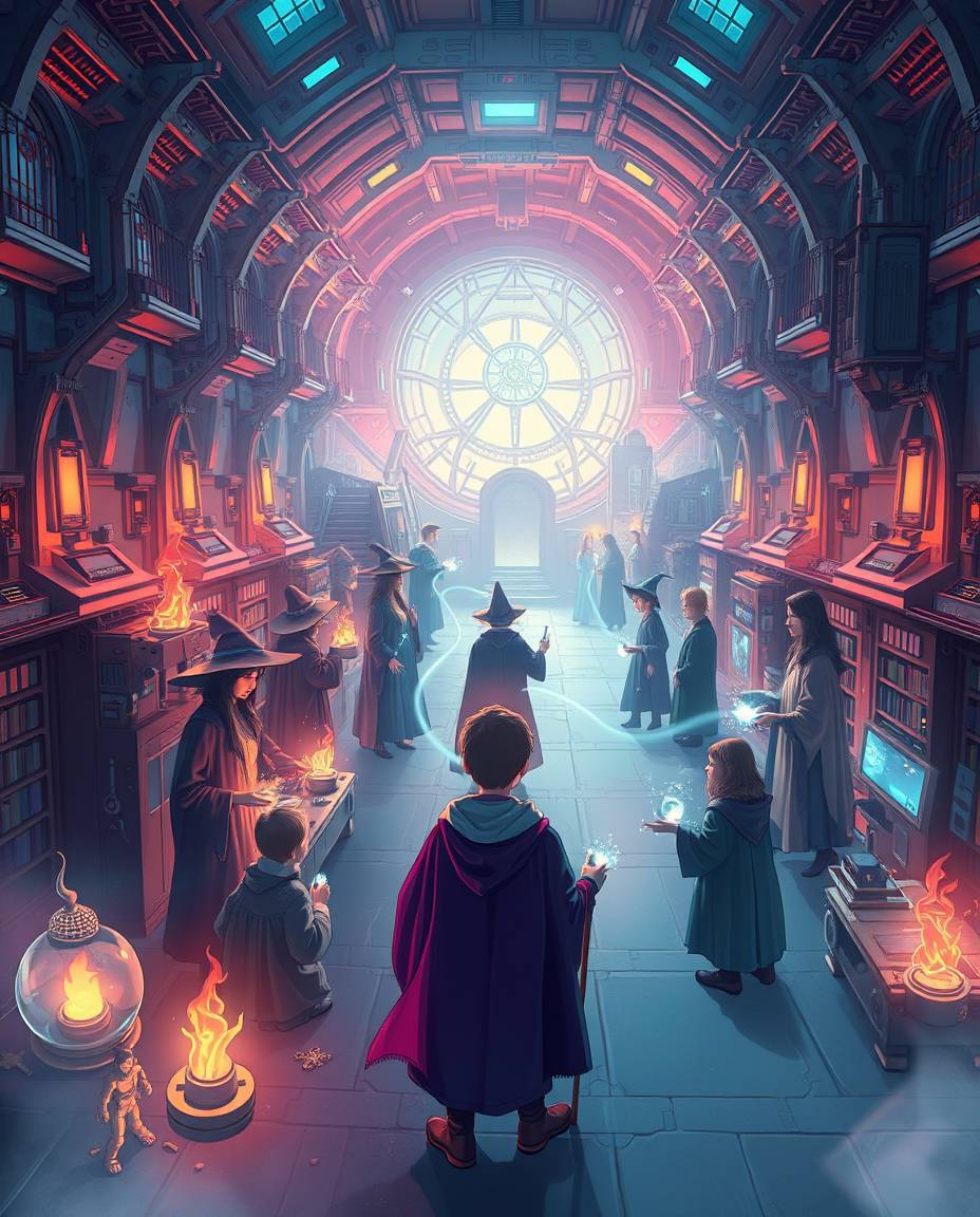 Discover a futuristic magical school brimming with young wizards, blending ethereal spirituality with advanced technology and