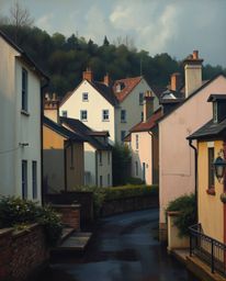 Discover captivating imagery of a sleepy town, depicted in classic oil painting and watercolor styles.  Pastel-colored houses