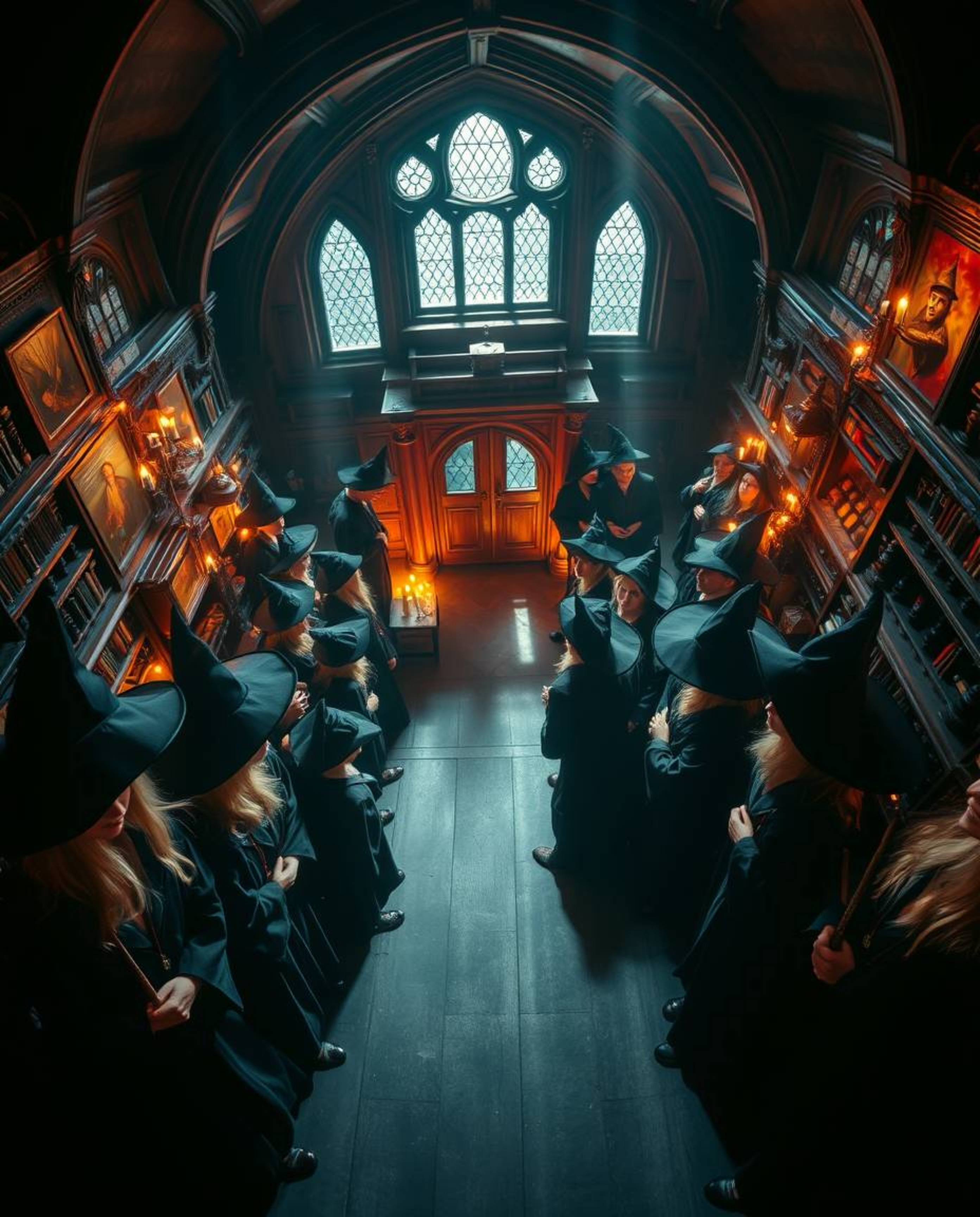 Explore a captivating magical school brimming with young wizards, presented from a dramatic high angle perspective. Intense a
