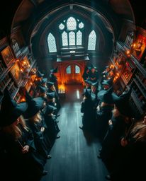 Explore a captivating magical school brimming with young wizards, presented from a dramatic high angle perspective. Intense a