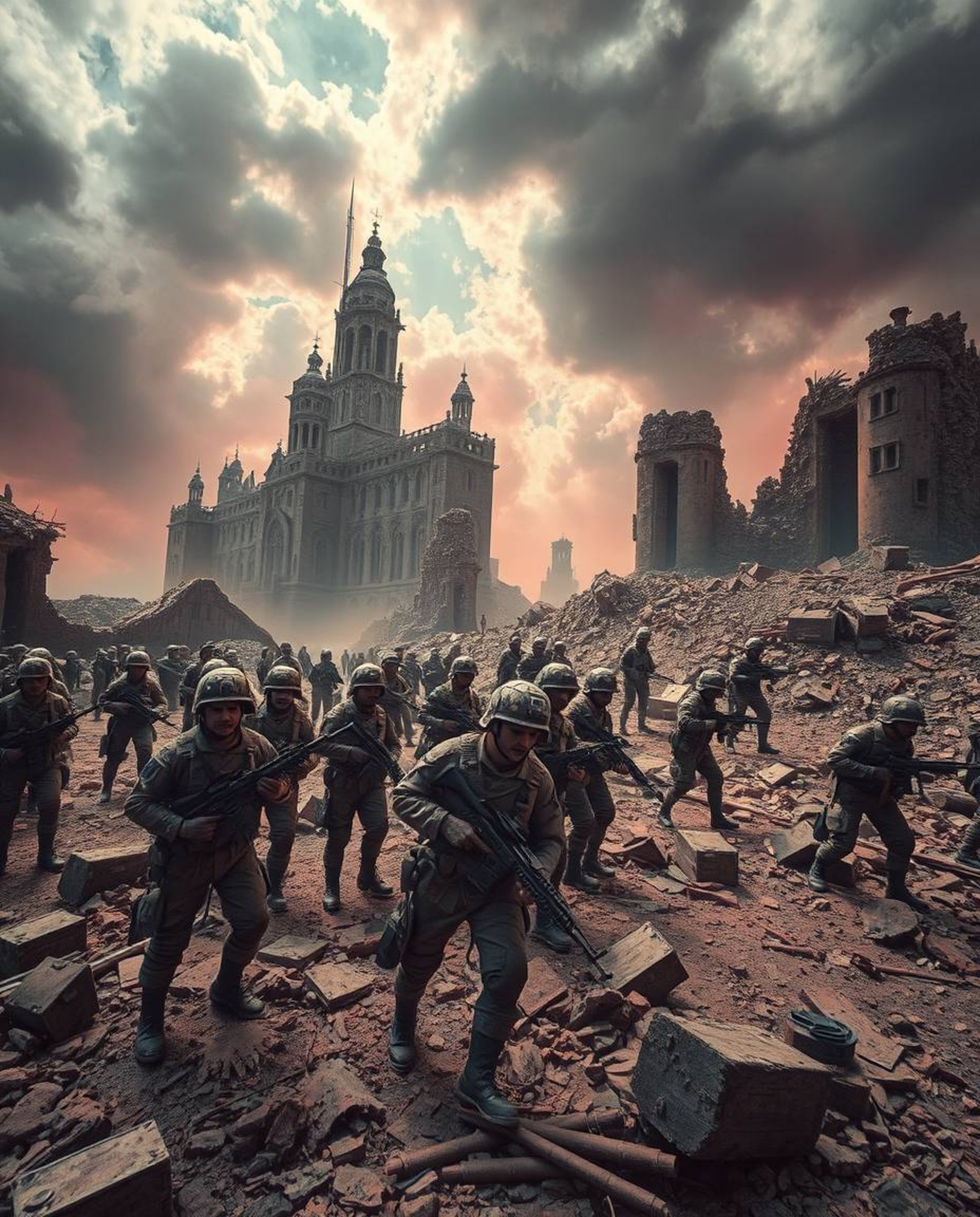 Explore a surreal battlefield scene bathed in infrared light, featuring time-warped soldiers amidst crumbling buildings. This