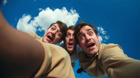 Explore the comedic potential of a high-angle perspective combined with exaggerated expressions in a gross-out comedy context