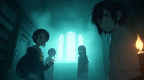 Step into a world of eerie mystery with this Isekai anime-style depiction of a group of teens unraveling secrets within a hau